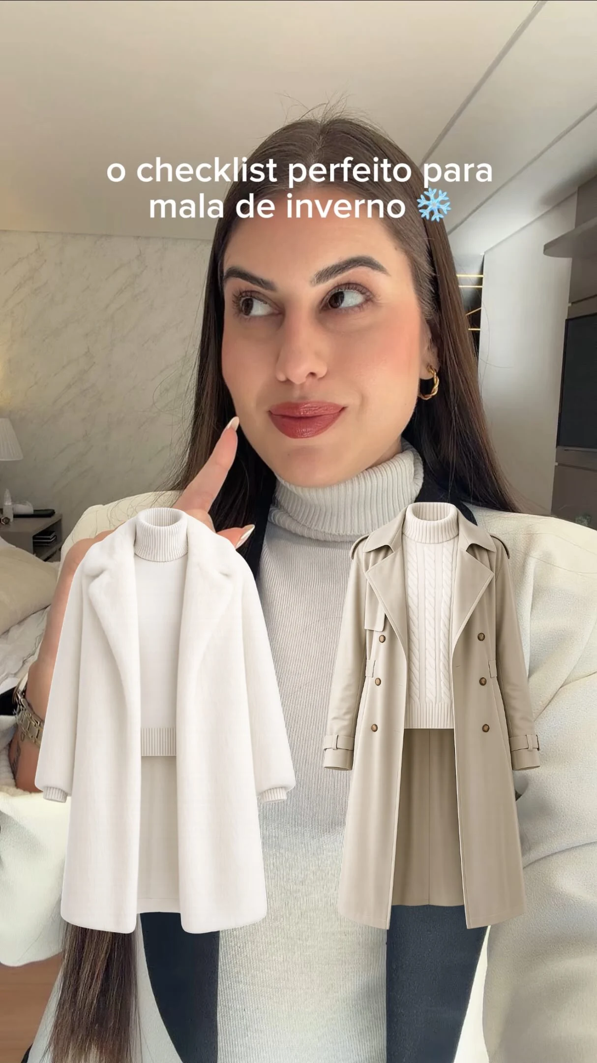 Raissa apresentando o checklist perfeito para uma mala de inverno