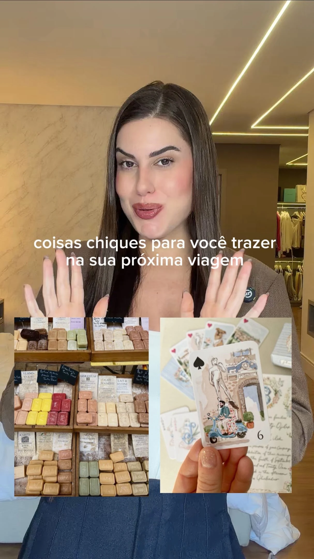 Raissa apresentando objetos e lembranças para trazer de uma viagem